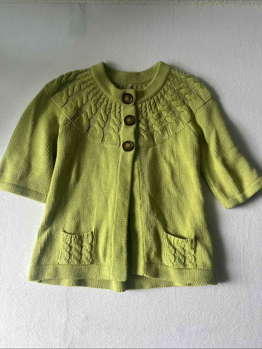 Leo & Nicole Bright Lime Green Short Sleeve Knit Cardigan with Pockets